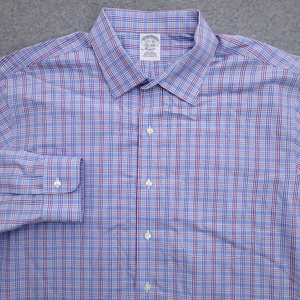 Brooks Brothers Dress Shirt Mens 17.5 35 Classic Fit Non Iron Supima Blue Plaid